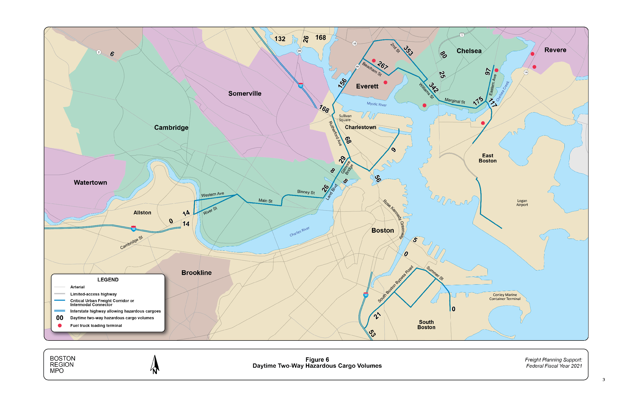 This figure is a map of important core-area roadways allowing hazardous cargoes. It also shows numbers of hazardous cargo trucks observed and the locations of major core-area fuel terminals.